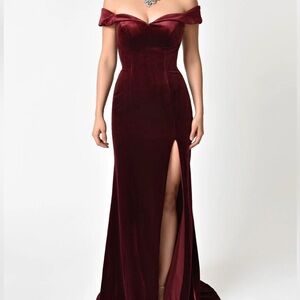 Burgundy Velvet Bateau Neckline Cap Sleeve Gown royal queen for unique vintage